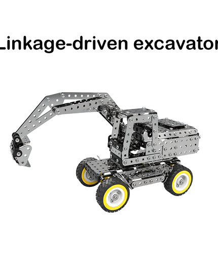 Sleek linkage-driven excavator metal model assembled from DIY 3D puzzle Metal Kits, featuring movable articulated arm and yellow rubber wheels