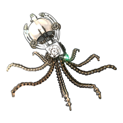 teampunk Mechanical Octopus 3D Puzzle Metal Kit (Glowing Green Accent Design) - A captivating fun toy for mechanics and art lovers, this DIY-assembled piece features a mechanical octopus with a glowing green component, intricate gears, and articulated chain-like tentacles. It embodies "a fusion of marine fantasy and steampunk ingenuity", challenging you to craft a luminous piece of mechanical artistry with precision.