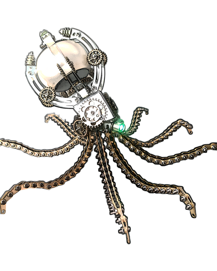 teampunk Mechanical Octopus 3D Puzzle Metal Kit (Glowing Green Accent Design) - A captivating fun toy for mechanics and art lovers, this DIY-assembled piece features a mechanical octopus with a glowing green component, intricate gears, and articulated chain-like tentacles. It embodies "a fusion of marine fantasy and steampunk ingenuity", challenging you to craft a luminous piece of mechanical artistry with precision.
