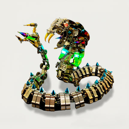 Table Funny DIY 3D puzzle Metal Kits: Articulated steampunk metal snake model with segmented body, blue spikes, glowing green lights, and detailed mechanical claw hand.