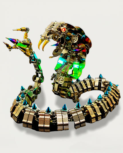 Table Funny DIY 3D puzzle Metal Kits: Articulated steampunk metal snake model with segmented body, blue spikes, glowing green lights, and detailed mechanical claw hand.