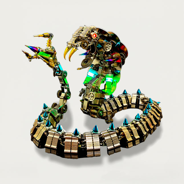 Table Funny DIY 3D puzzle Metal Kits: Articulated steampunk metal snake model with segmented body, blue spikes, glowing green lights, and detailed mechanical claw hand.