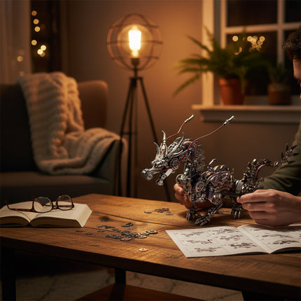 Close-up of a DIY steam punk mech dragon assembly, a detailed mechanical steampunk artwork for home decor.