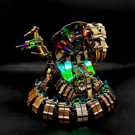  A front-facing view of a mechanical cobra, a highly detailed metal model kit, illuminated with vibrant green and blue lights against a dark background. This metallic 3D puzzle is a unique collectible.