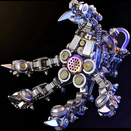 Detailed view of the mechanical steampunk dragon claw lamp metal model 3D puzzle Metal Kit, showcasing its intricate chrome components, visible gears, springs, and iridescent central piece. This complex steam punk mech structure forms a unique and challenging steampunk puzzle, often part of a functional lamp.