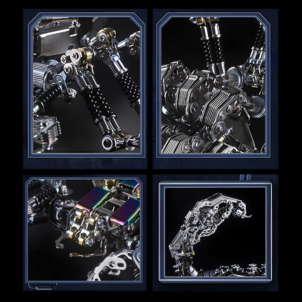  A four-panel collage showcasing detailed parts of a mechanical scorpion metal model kit, including articulated legs, body segments, iridescent accents, and a flexible tail. This metallic 3D puzzle highlights intricate engineering.