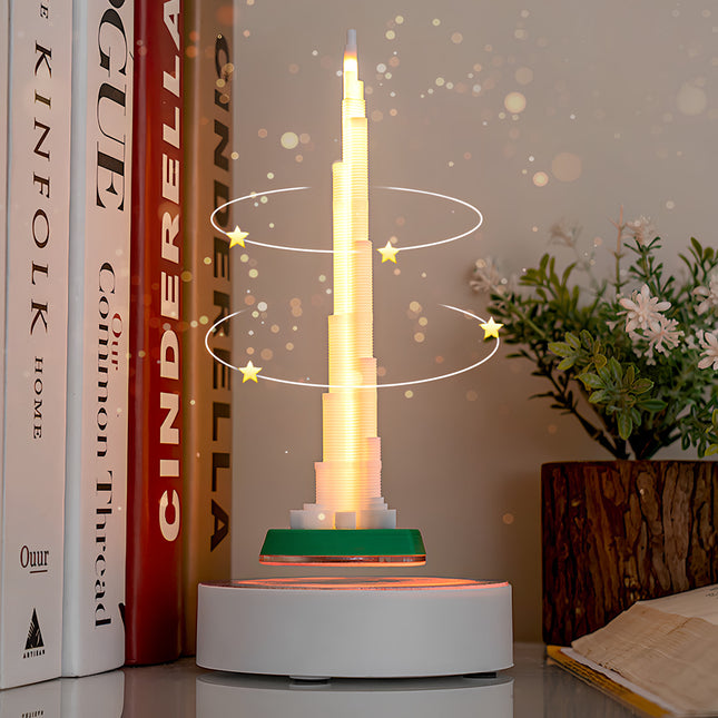 Floating and spinning tower night light, creating a magical ambiance for home or office decor