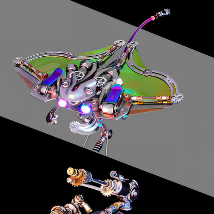  Steampunk flying ray metal model kit with iridescent wings, a complex metallic 3D puzzle / maquette en métal featuring glowing thrusters.