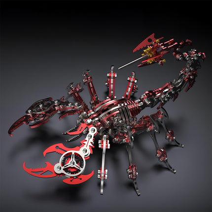 Crimson & Silver Mechanical Scorpion DIY 3D Puzzle Metal Kits - Bold red-accented metal model with articulating pincers, segmented legs, and exposed gear structures. This 3D puzzle kit balances striking color contrast with functional mechanical design, assembling into a vivid, eye-catching decor that adds a bold edge to any funny table arrangement.