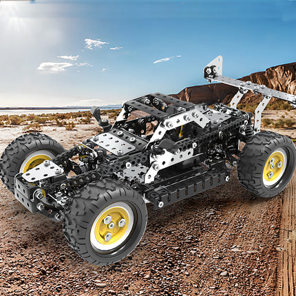 Detailed mechanical steampunk racing buggy with yellow wheel hubs, showcasing a high-performance steam punk mech vehicle design.
