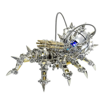  Aggressive mechanical steampunk spider metal model 3D puzzle Metal Kit with a spiky chrome body, multiple intricate gears, articulated legs with sharp tips, and a mounted Gatling-style weapon. This formidable steam punk mech features glowing blue accents, making it a challenging and unique steampunk puzzle.