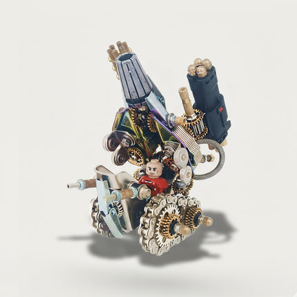 Steampunk battle vehicle metal model with a minifigure driver, a complex DIY 3D puzzle from our exclusive Metal Kits. A unique piece for some serious table fun.