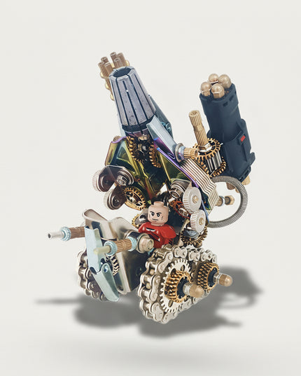 Steampunk battle vehicle metal model with a minifigure driver, a complex DIY 3D puzzle from our exclusive Metal Kits. A unique piece for some serious table fun.