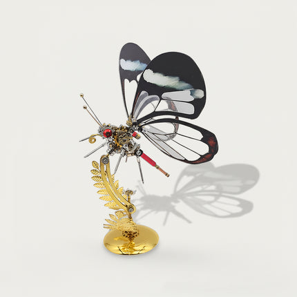 Black transparent-wing steampunk butterfly DIY 3D puzzle metal model - mechanical funny table decor from metal kits, golden fern stand with red-silver gear accents