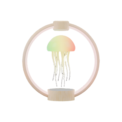 This magnetic levitation jellyfish lamp, featuring a light wood grain or beige circular frame, offers a warm aesthetic for playful desks or modern workstations.