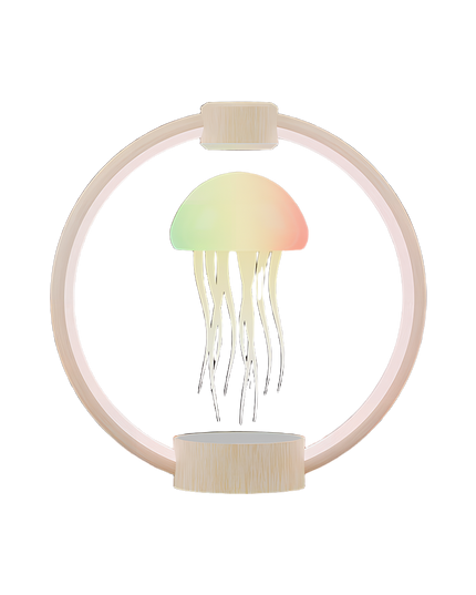 Tablefunny Colorful Magnetic Levitation Jellyfish Lamp - 360° Rotating Dimmable Ambient Night Light (Blue/Light Wood Grain Base)