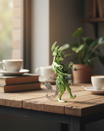 Green fantasy creature 3D puzzle metal model displayed on a wooden table beside coffee cups and books, blending mechanical art with cozy home decor