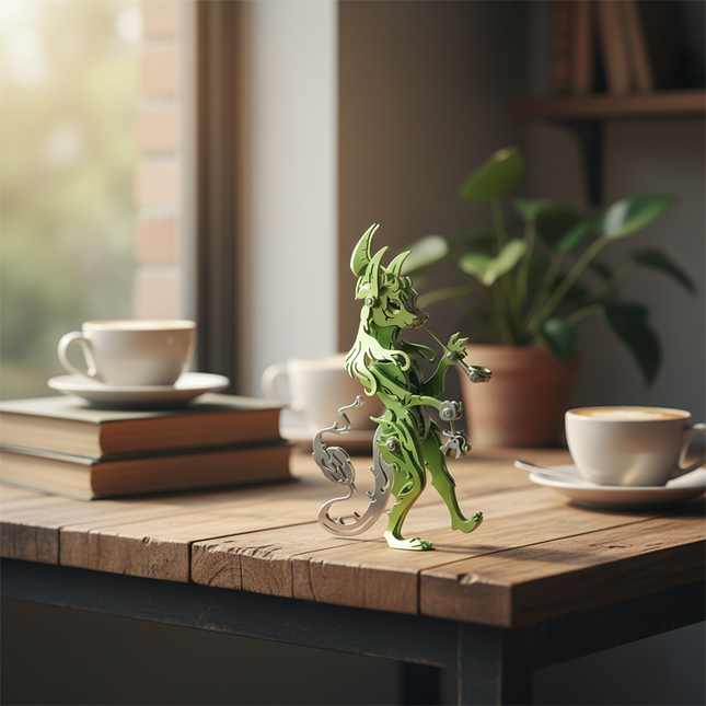 Green fantasy creature 3D puzzle metal model displayed on a wooden table beside coffee cups and books, blending mechanical art with cozy home decor