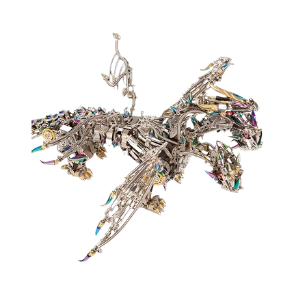 Dynamic Tablefunny three-headed dragon metal assembly model, showcasing intricate mechanical details. This unique tablefunny desktop sculpture is a challenging and rewarding puzzle for collectors