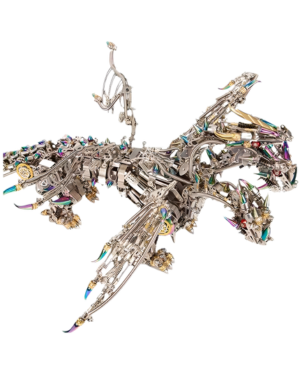 Dynamic Tablefunny three-headed dragon metal assembly model, showcasing intricate mechanical details. This unique tablefunny desktop sculpture is a challenging and rewarding puzzle for collectors