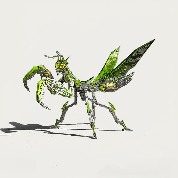Mechanical Praying Mantis 3D puzzle Metal Kit - A futuristic fun toy for insect and mechanics lovers, this DIY assembled table funny piece features a bold, intricate, and mechanical insect design. It invites you to craft a piece of innovation part by part, and the finished mechanical praying mantis, with its striking green and metallic details, becomes a dynamic desktop ornament, making it a captivating fun toy full of technological charm.