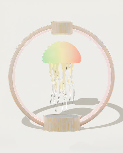 Table Funny Magnetic Levitation Jellyfish Decorative Lamp Artwork - An innovative creation for home decor lovers, tech enthusiasts, and design admirers, this piece from Table Funny features a magnetic levitation jellyfish decorative lamp with a wooden circular frame, gradient color lighting, and a minimalist design. Highlighted by soft pastel hues, a floating jellyfish silhouette, magnetic levitation technology, and warm wooden textures