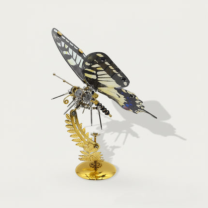 Funny table centerpiece - finished DIY 3D puzzle metal model (black-white striped butterfly) from metal kits, decorative mechanical insect with golden fern stand