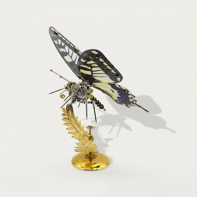 Funny table centerpiece - finished DIY 3D puzzle metal model (black-white striped butterfly) from metal kits, decorative mechanical insect with golden fern stand