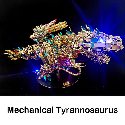 Tablefunny Mechanical Tyrannosaurus metal assembly model from a dynamic angle, highlighting its formidable design with glowing blue elements and intricate gold and silver components. A striking tablefunny desktop display