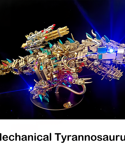 Tablefunny Mechanical Tyrannosaurus metal assembly model from a dynamic angle, highlighting its formidable design with glowing blue elements and intricate gold and silver components. A striking tablefunny desktop display
