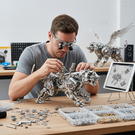 3D Metal Puzzle Steampunk Mechanical Winged Tiger Assembly SceneThis shows the assembly process of the 3D metal puzzle steampunk winged tiger: a user works with precision tools (magnifying goggles), sorted parts (in storage boxes), and a digital instruction guide (on tablet). The model features intricate stainless steel/alloy components, with a finished piece displayed in the background