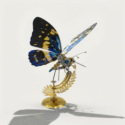 Blue swallowtail-inspired mechanical butterfly DIY 3D puzzle metal kits - vibrant assembly craft with black-blue-yellow wing patterns, finished as eye-catching funny table decor for living rooms/boutiques, featuring blue gem accents & intricate gearwork
