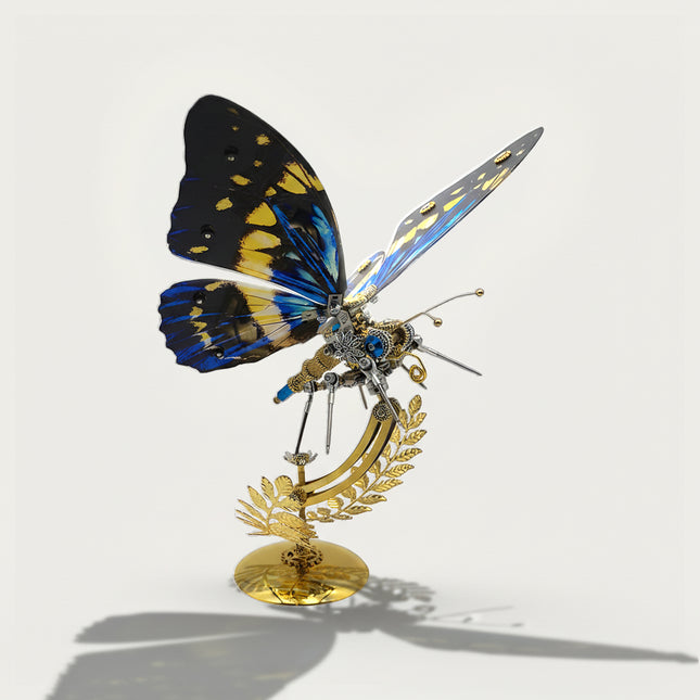 Blue swallowtail-inspired mechanical butterfly DIY 3D puzzle metal kits - vibrant assembly craft with black-blue-yellow wing patterns, finished as eye-catching funny table decor for living rooms/boutiques, featuring blue gem accents & intricate gearwork