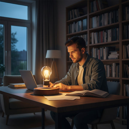 A man works at his home study desk, where a magnetic levitation lamp hovers above a wood-grain base—a warm, glare-free study light and modern decorative ambient lamp