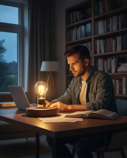 A man works at his home study desk, where a magnetic levitation lamp hovers above a wood-grain base—a warm, glare-free study light and modern decorative ambient lamp