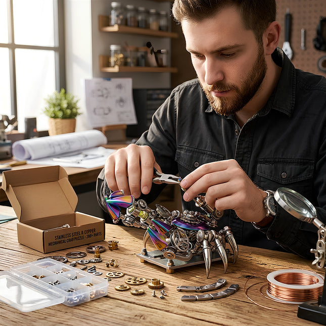  A focused man assembling a colorful metal crab 3d puzzle, showcasing the intricate details of a DIY metal model kit from tablefunny.com.