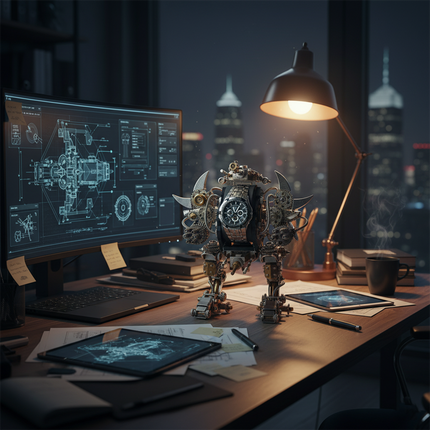 Sophisticated DIY metal model of a mechanical watch stand, designed as a steampunk robot, ideal for a functional and funny table setup. This metal kit is perfect for 3D puzzle enthusiasts.