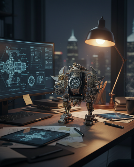 Sophisticated DIY metal model of a mechanical watch stand, designed as a steampunk robot, ideal for a functional and funny table setup. This metal kit is perfect for 3D puzzle enthusiasts.