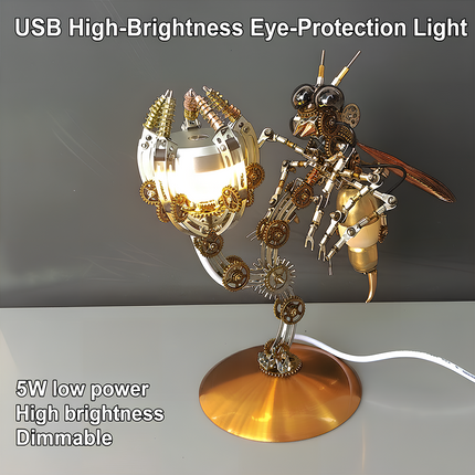 Steampunk Mechanical Wasp USB Eye-Protection Desk Lamp 3D Puzzle Metal Kit - A practical and artistic DIY toy for mechanics, design lovers, and lighting users, this self-assembled piece combines a mechanical wasp with a USB high-brightness eye-protection lamp, featuring 5W low power, high brightness, and dimmable functionality. It embodies the fusion of steampunk mechanical art and functional eye-protection lighting