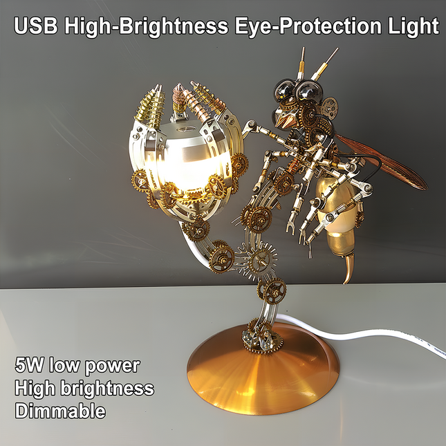 Steampunk Mechanical Wasp USB Eye-Protection Desk Lamp 3D Puzzle Metal Kit - A practical and artistic DIY toy for mechanics, design lovers, and lighting users, this self-assembled piece combines a mechanical wasp with a USB high-brightness eye-protection lamp, featuring 5W low power, high brightness, and dimmable functionality. It embodies the fusion of steampunk mechanical art and functional eye-protection lighting