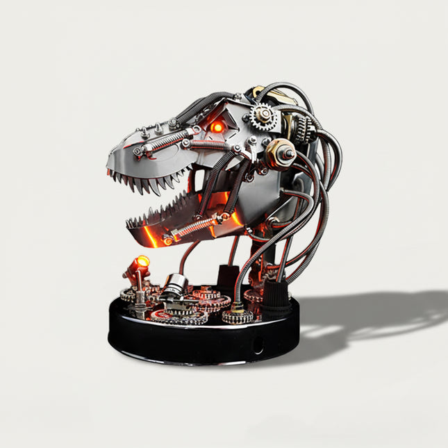 Steampunk Mechanical T-Rex Head 3D puzzle Metal Kits - Engage in fun and challenging DIY assembly with glowing mechanical details, a fierce and steampunk-technical premium metal model ideal for edgy desktop decor, mesmerizing display, and a unique conversation starter for your funny table that elevates the ordinary setup