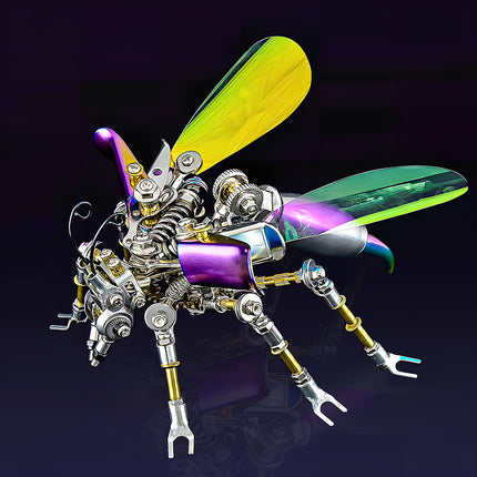  Vibrant steampunk hornet mech metal model with iridescent wings, a colorful 3D puzzle metal kit for mechanical steampunk enthusiasts.