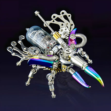 Futuristic mechanical iridescent beetle mech metal model with transparent components, a unique 3D puzzle for steampunk collectors.
