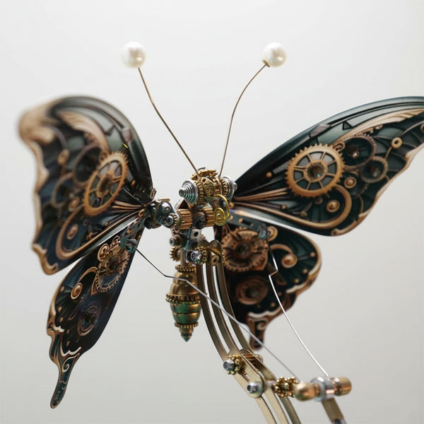 Close-up of a stunning steampunk butterfly metal model with intricate gears, a detailed 3D puzzle for mechanical steampunk art lovers.