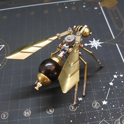 This is a partially assembled steampunk mechanical wasp (from 3D metal puzzles), featuring brass/silver alloy parts (blade wings, gears, articulated legs). The scene shows scattered components, highlighting the hands-on assembly process.It’s a detailed decorative collectible that blends 3D puzzle craftsmanship with steampunk insect styling.