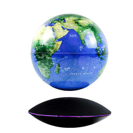 A captivating magnetic levitation globe with clear geographic details and a sleek black base, set against a transparent background