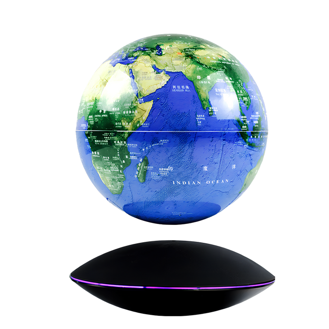A captivating magnetic levitation globe with clear geographic details and a sleek black base, set against a transparent background