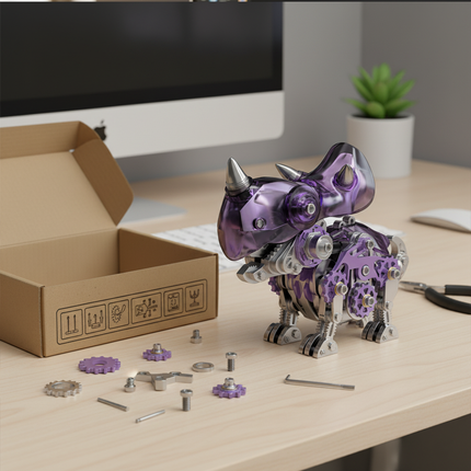 A partially assembled metallic Triceratops model with a purple translucent body and exposed gears, standing next to an open cardboard box and loose metal parts on a wooden desk with a computer in the background. This engaging DIY project is from our 3D puzzle metal kits, creating a charming metal model that's perfect for a creative and funny table display.