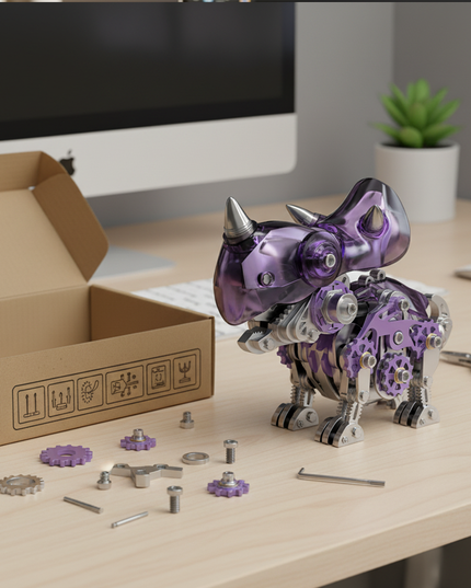 A partially assembled metallic Triceratops model with a purple translucent body and exposed gears, standing next to an open cardboard box and loose metal parts on a wooden desk with a computer in the background. This engaging DIY project is from our 3D puzzle metal kits, creating a charming metal model that's perfect for a creative and funny table display.