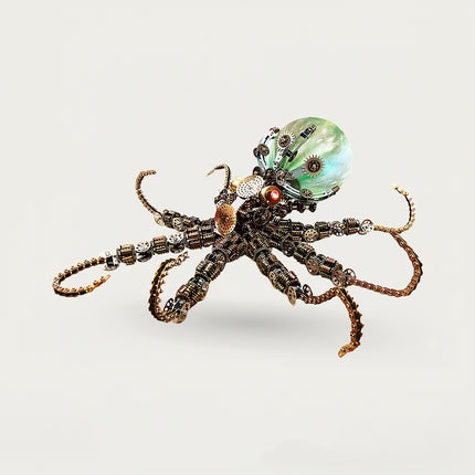 Table Funny DIY 3D puzzle: Highly detailed steampunk metal model octopus with bronze/dark metal body, green glass head dome, and intricate chain-link tentacles, premium Metal Kits piece for display 